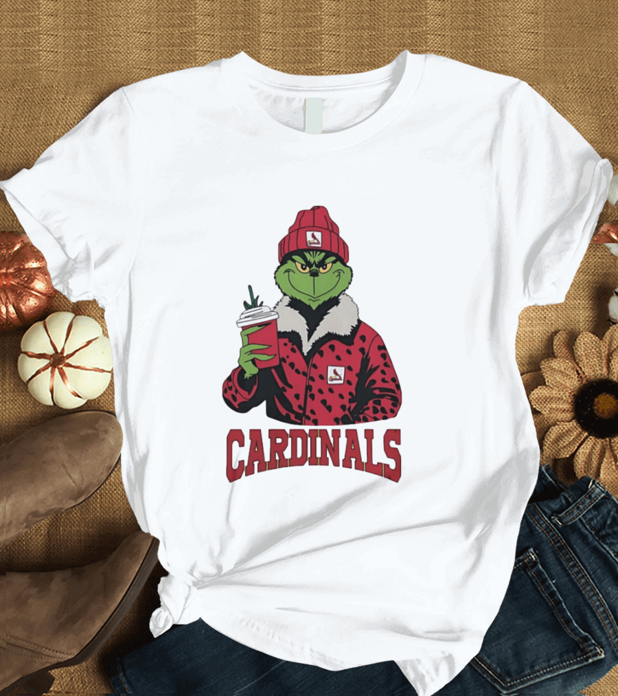 The Grinch In St Louis Cardinals Jacket With Coffee Christmas T-Shirt