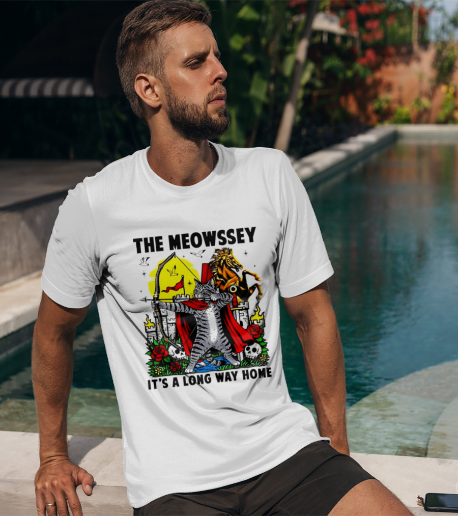 The Meowssey It's A Long Way Home Cat Archer With Red Cape And Horse T-Shirt