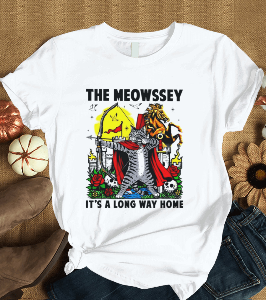 The Meowssey It's A Long Way Home Cat Archer With Red Cape And Horse T-Shirt