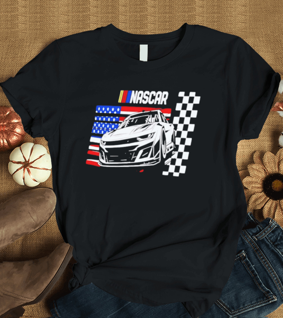 Nascar Race Car American Flag Checkered Flag T-Shirt
