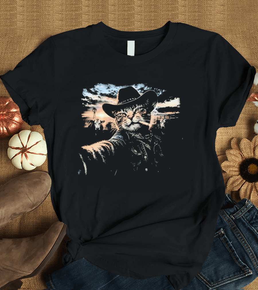 Cowboy Cat Smoking Selfie Sunset Western Sky Scene T-Shirt