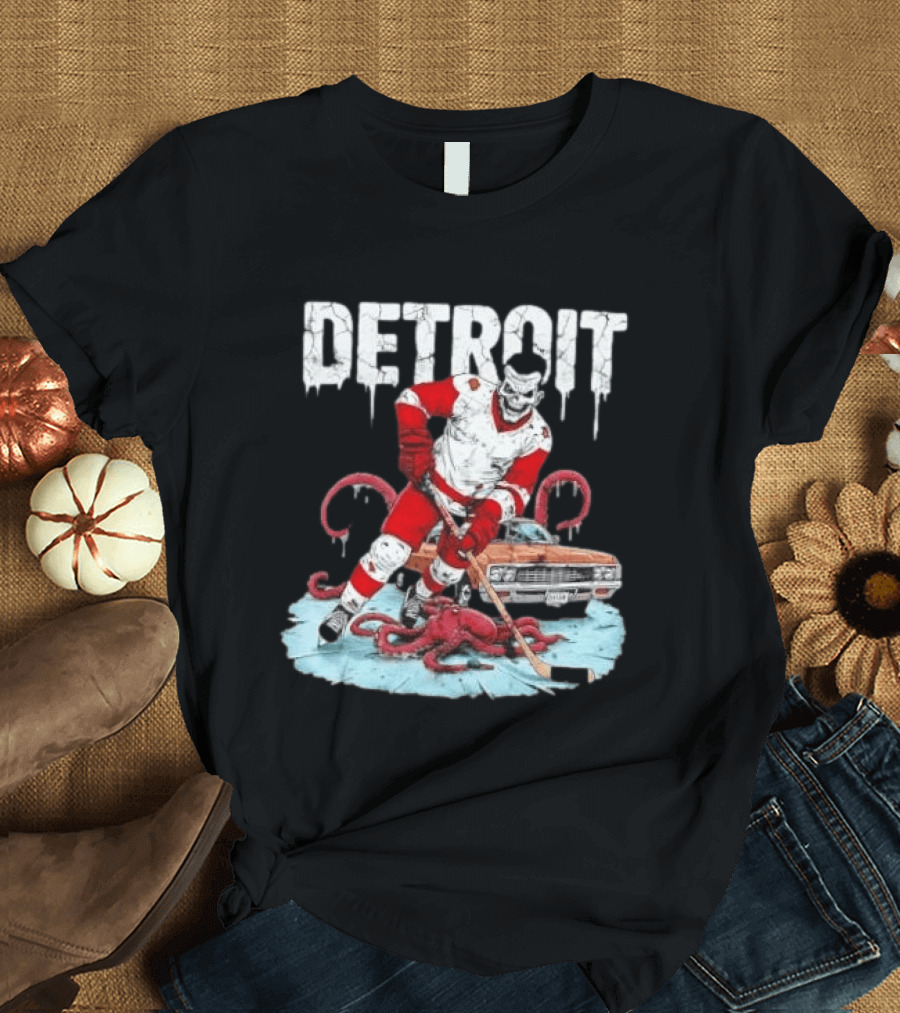 Detroit Red Wings Skull Hockey Player Tentacles Car T-Shirt