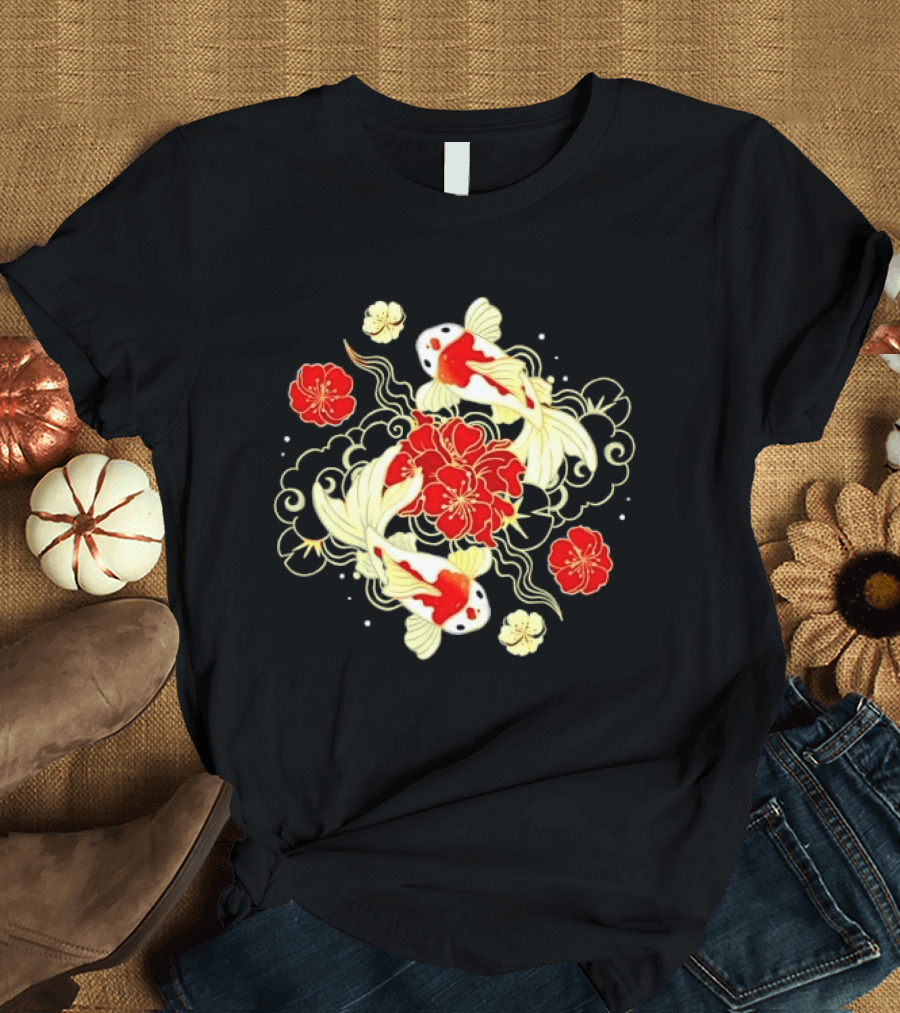 Koi Fish With Red And White Japanese Flowers T-Shirt