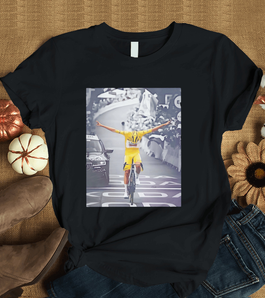 Tadej Pogacar Victory Moment Tour De France Skoda UCL Cyclist In Yellow Jersey T-Shirt