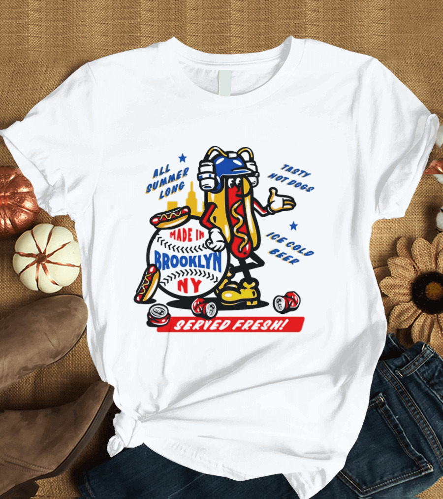 Made In Brooklyn NY Hot Dog With Ketchup All Summer Long Play Ball T-Shirt