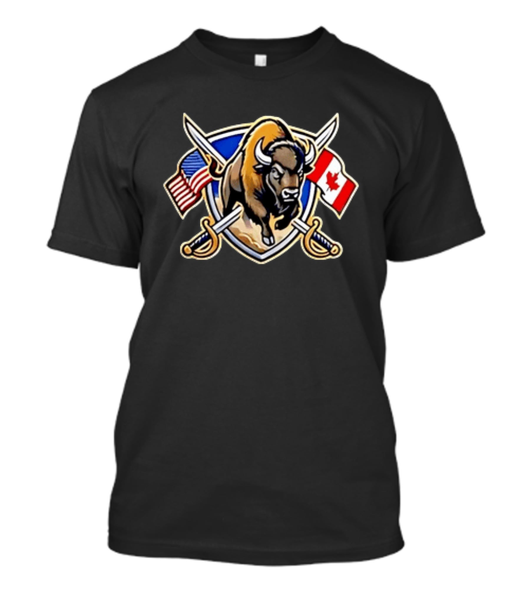 Buffalo Bison US Canada Flags North American Crossed Sabers T-Shirt