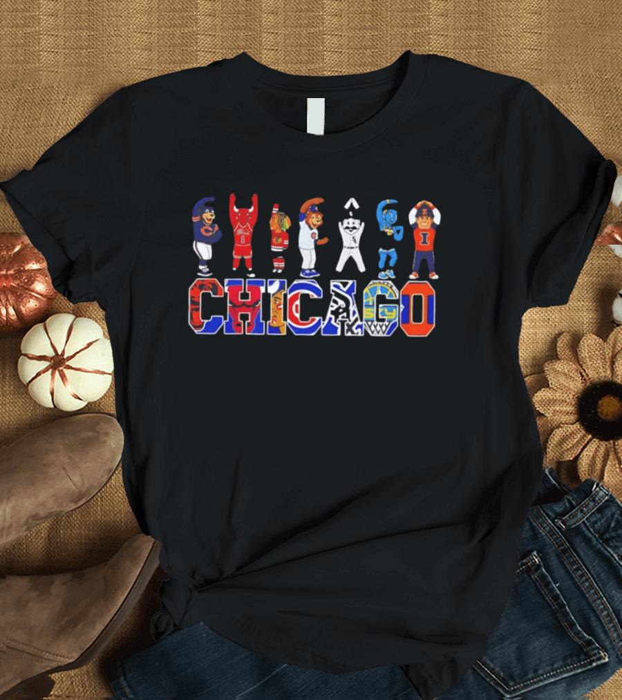 Chicago Bears Bulls Blackhawks Cubs White Sox Mascots Basketball Logos T-Shirt