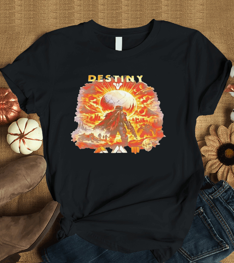 Destiny 3 Guardian Fireteam Solar Battle Scene With Traveler Sky Planet And Skull T-Shirt