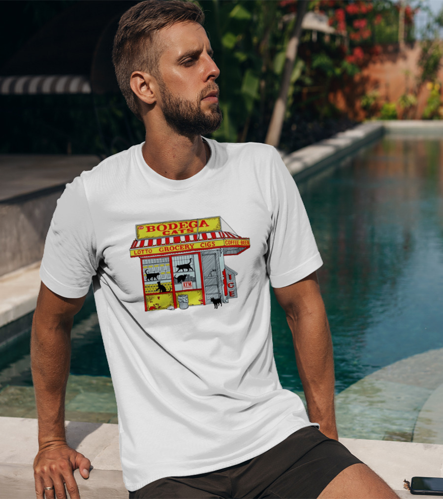 Bodega Cats Grocery Cigs Lotto Coffee Beer Ice ATM T-Shirt