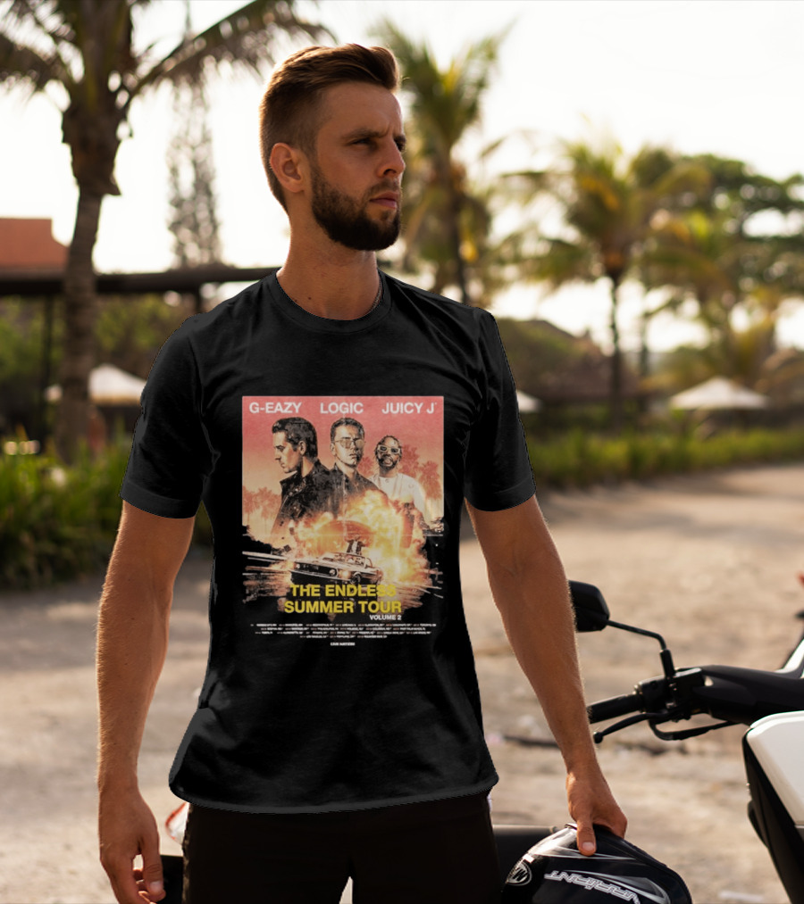 G Eazy Logic Juicy J The Endless Summer Tour Volume 2 2026 Retro Car Palm Trees T-Shirt