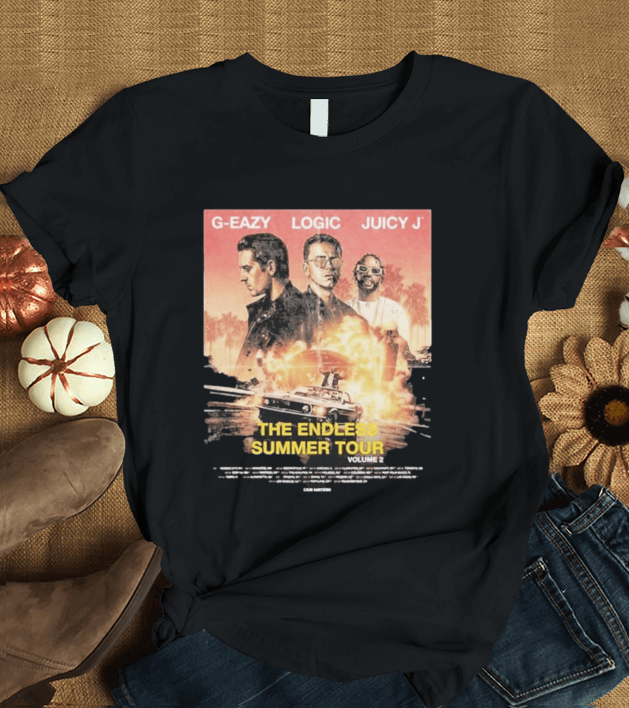G Eazy Logic Juicy J The Endless Summer Tour Volume 2 2026 Retro Car Palm Trees T-Shirt