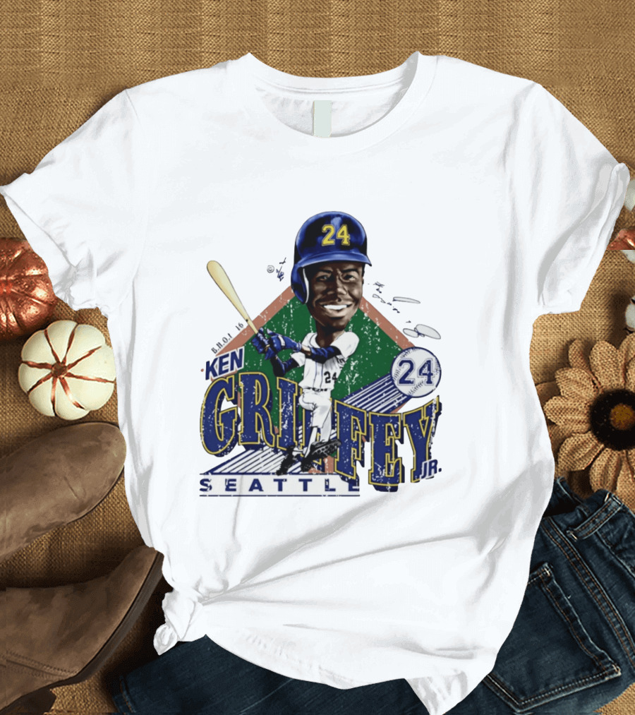 Ken Griffey Jr. Seattle Mariners 24 Baseball Batting Illustration Bruce Stark Collection T-Shirt