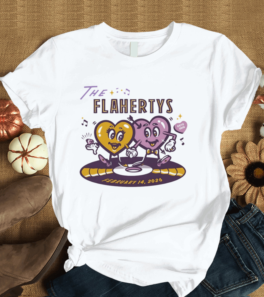 The Flahertys February 14 2026 Dancing Wedding Hearts With Music Notes T-Shirt