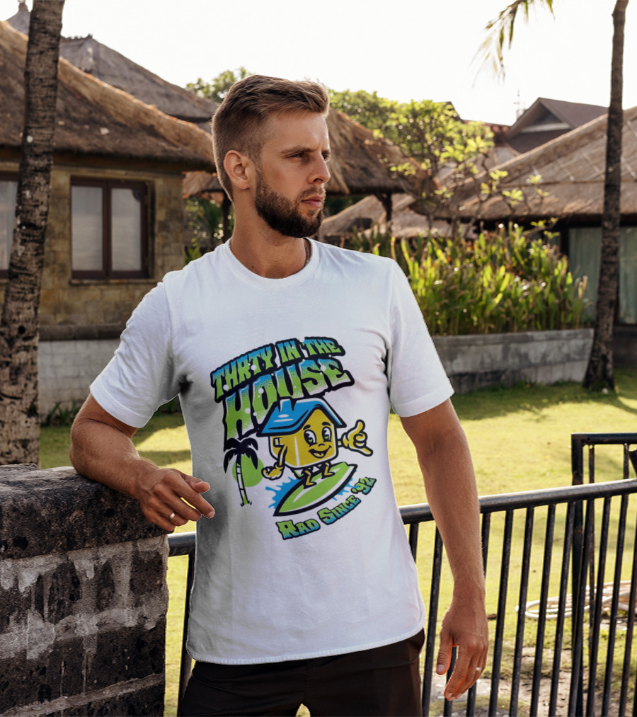Thrty In The House Rad Since 92 Surfer Cartoon Palm Tree Vibes T-Shirt