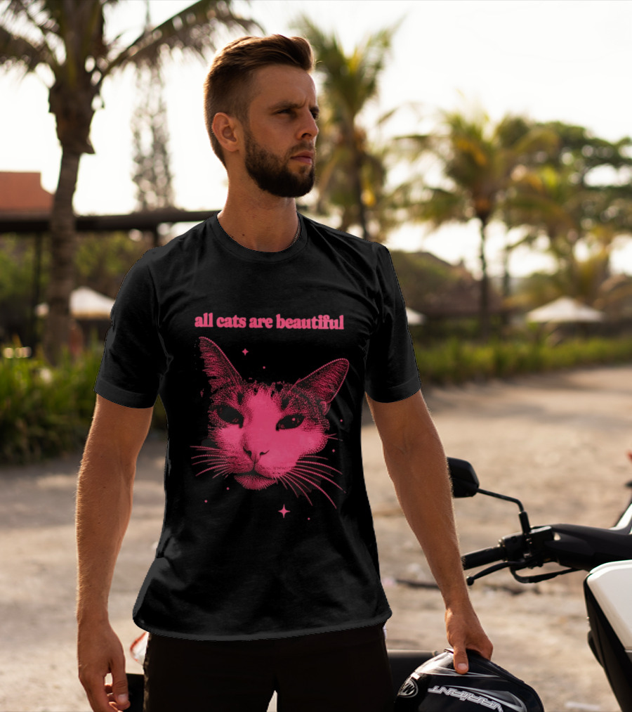 All Cats Are Beautiful Pink Halftone Cat Face With Stars T-Shirt