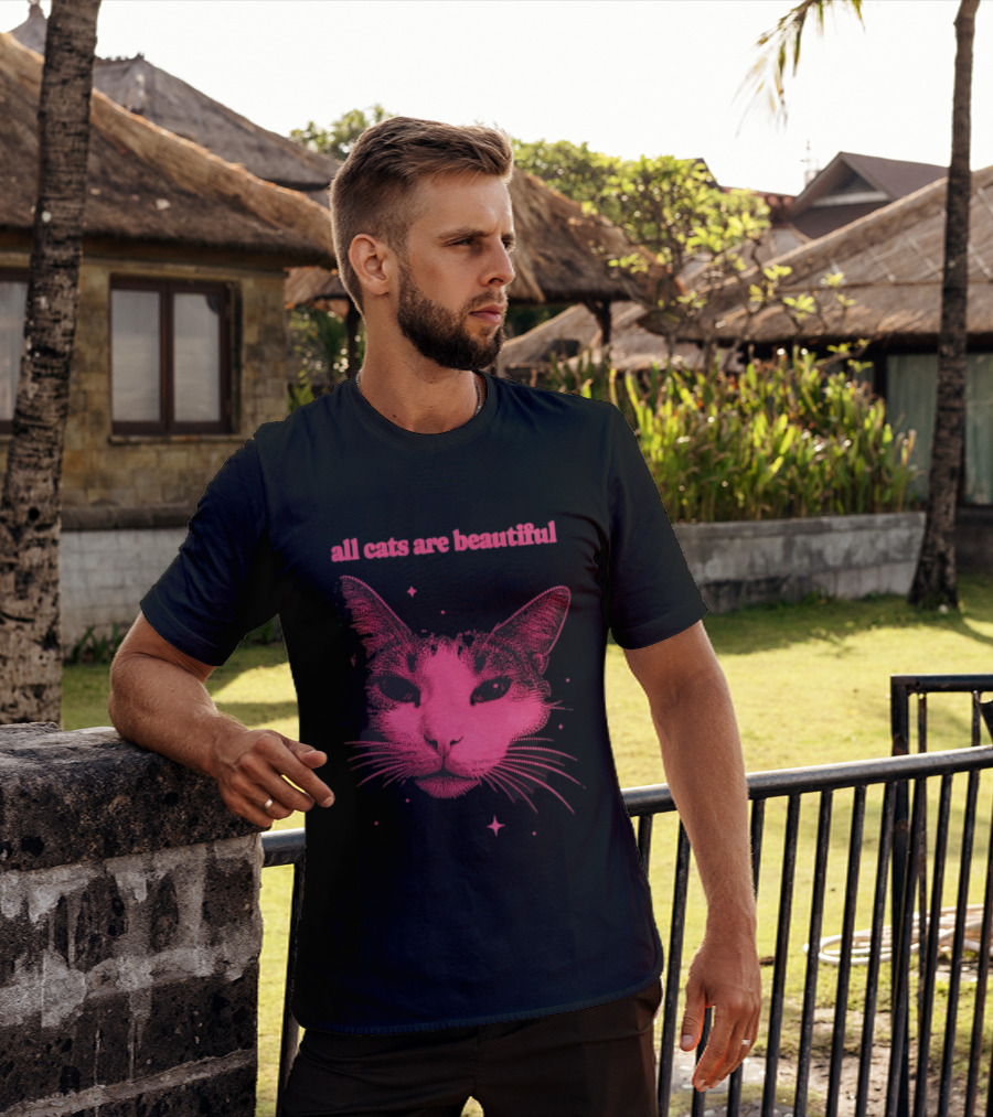 All Cats Are Beautiful Pink Halftone Cat Face With Stars T-Shirt