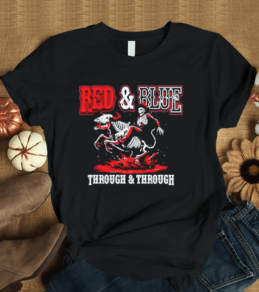 Red And Blue Through And Through Skeleton Cowboy Riding Horse T-Shirt