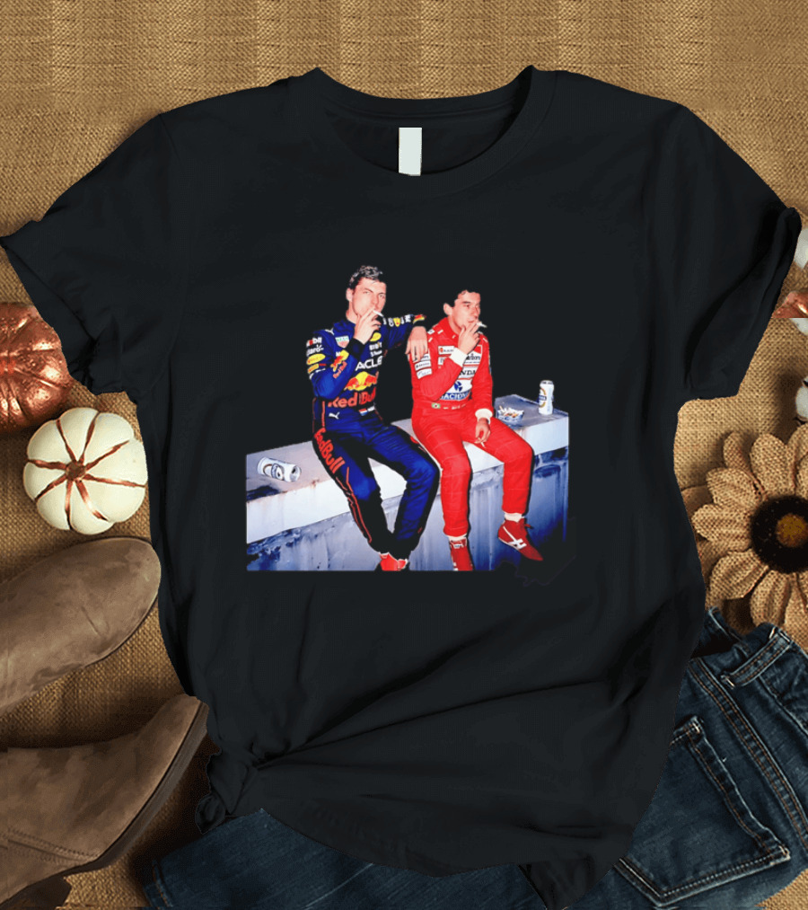 Max Verstappen Red Bull Racing And Ayrton Senna Honda Marlboro F1 Legends Smoking Together T-Shirt