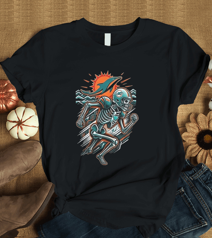 Miami Dolphins Runs In My Blood Skeleton Football Sprint T-Shirt