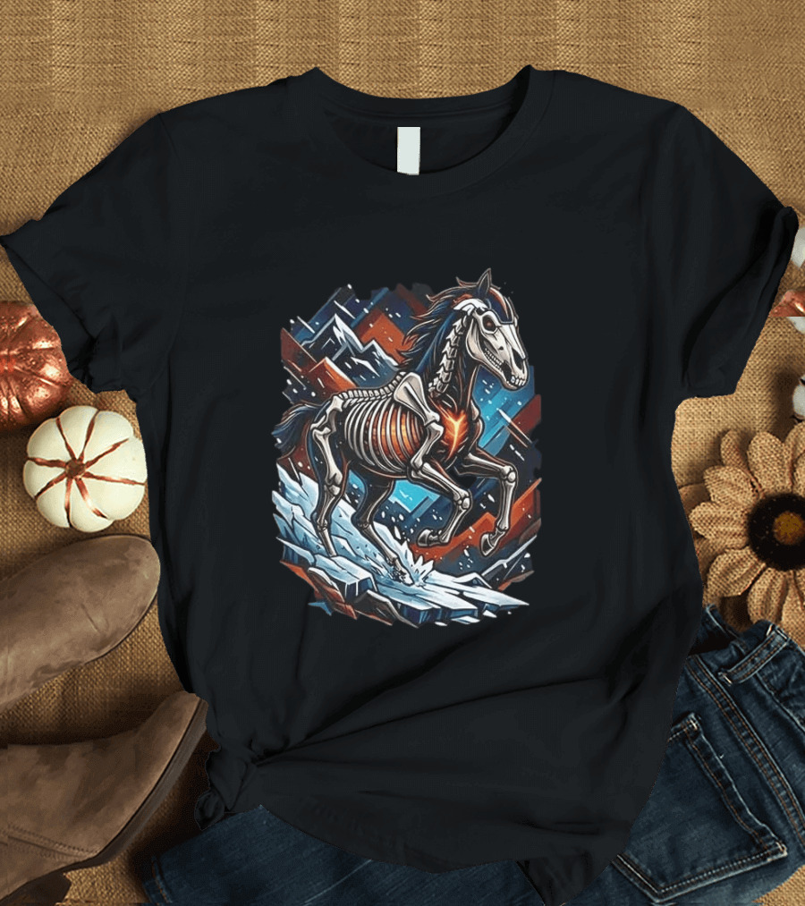 Denver Broncos Runs In My Blood Skeleton Horse And Mountains T-Shirt
