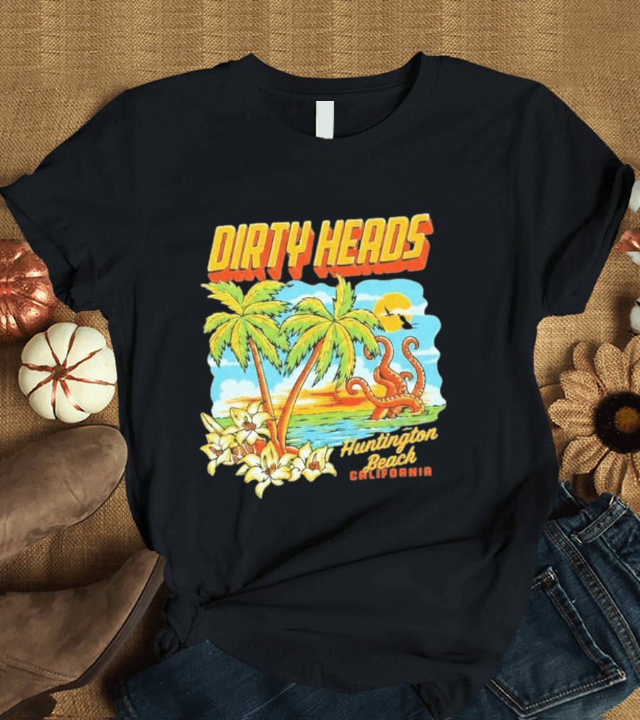 Dirty Heads Tropical Beach Palm Trees Ocean Sunset Octopus Huntington Beach California T-Shirt