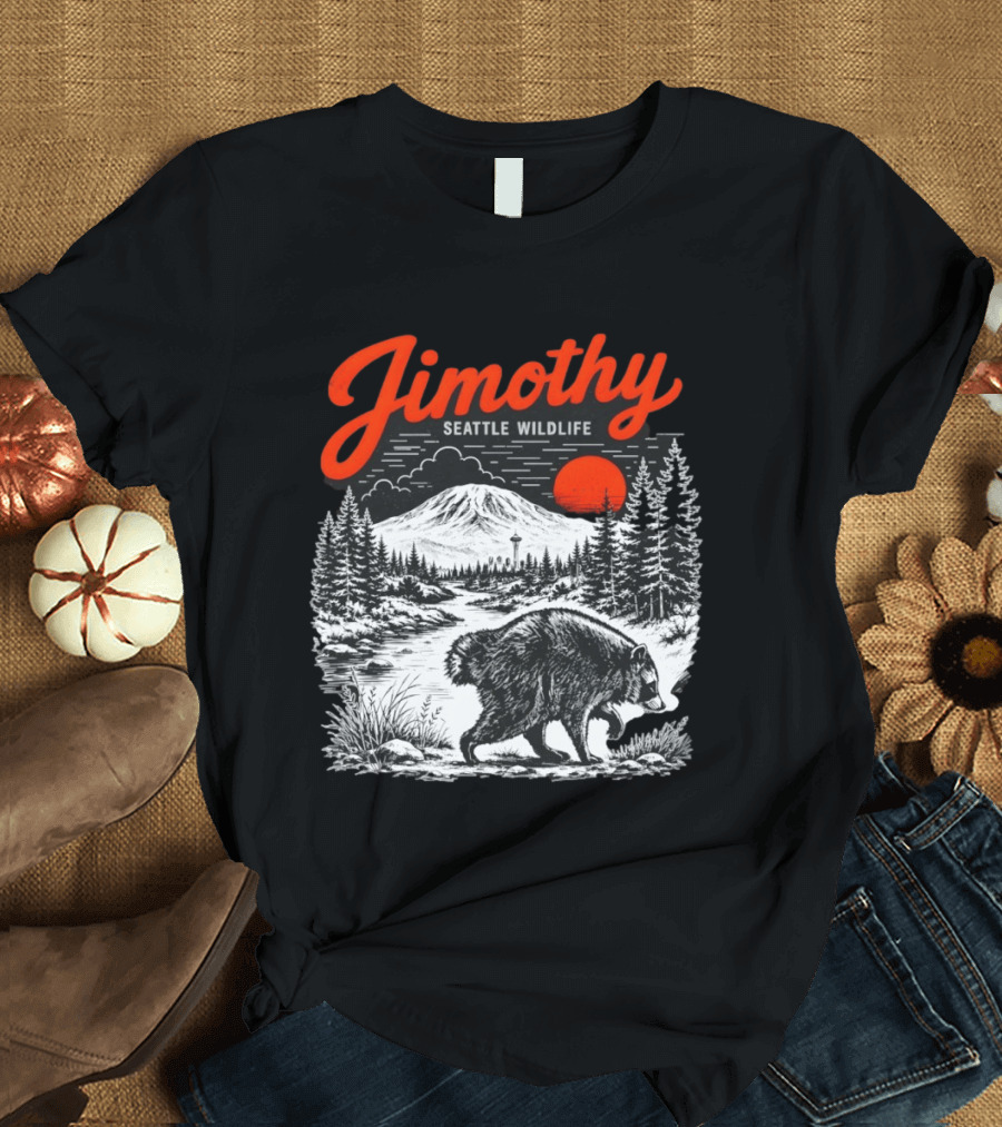 Jimothy Seattle Wildlife Raccoon With Mountain And Space Needle T-Shirt