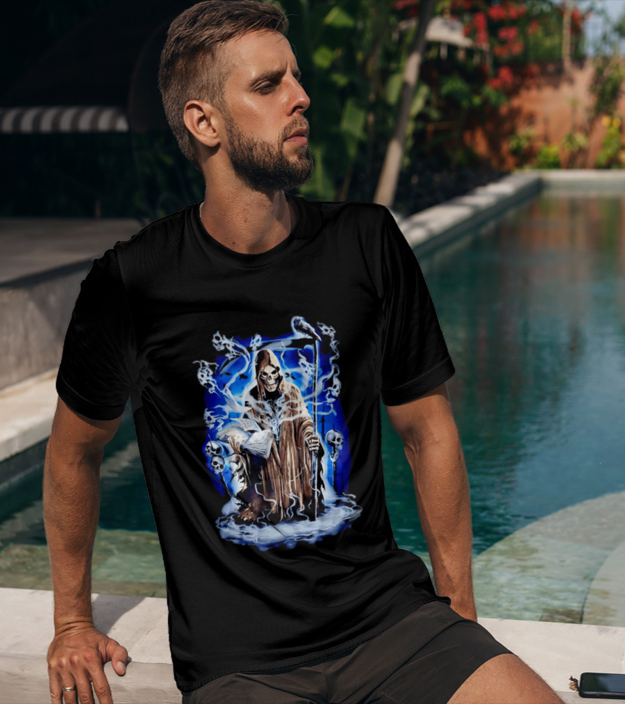 Sooner Than You Think Grim Reaper Skull And Scythe In Blue Mist T-Shirt