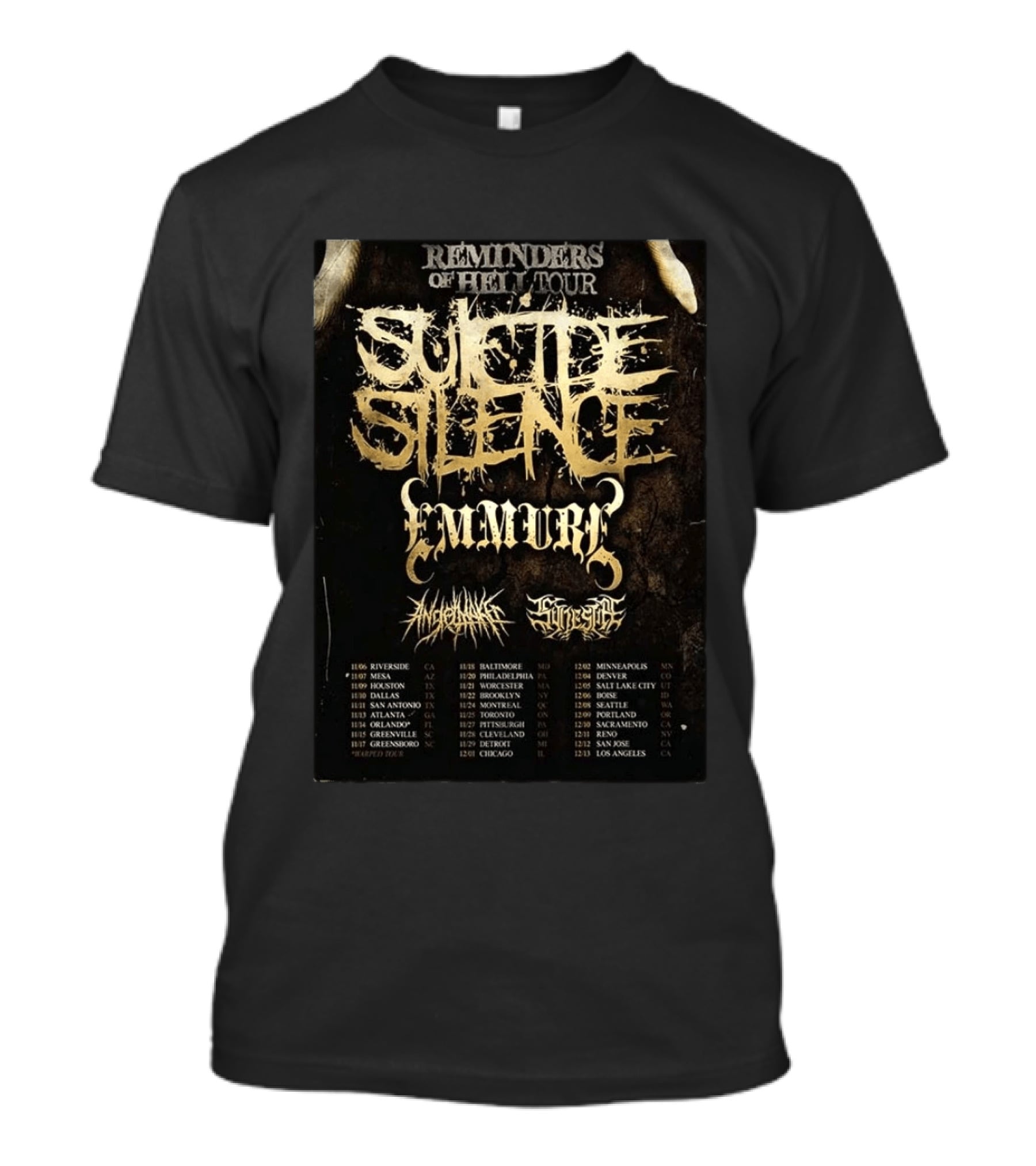 Suicide Silence Reminders Of Hell Tour California 2026 Emmure Supporting Bands Itinerary T-Shirt