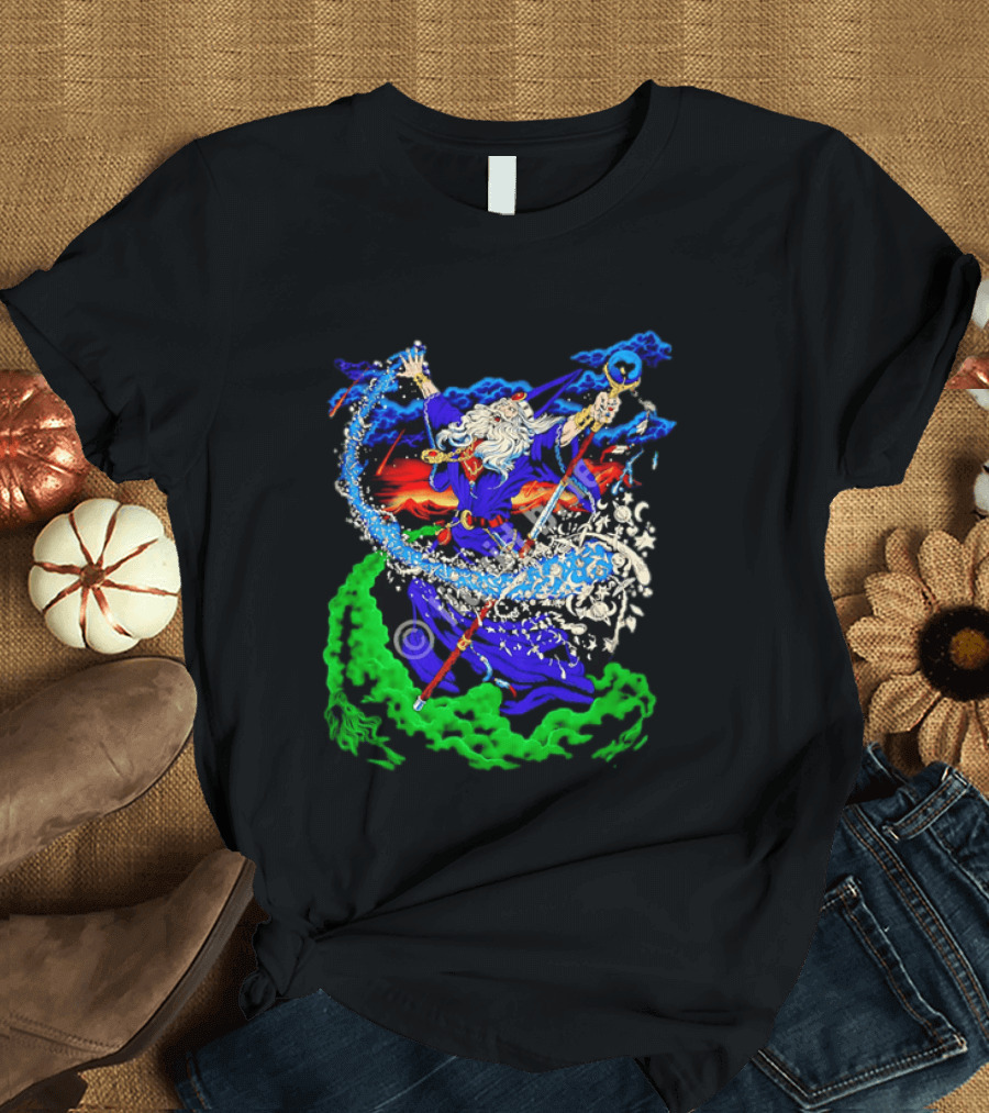 Wizard Casting Magic Conjuring Galaxies Fantasy Aurora Sky T-Shirt