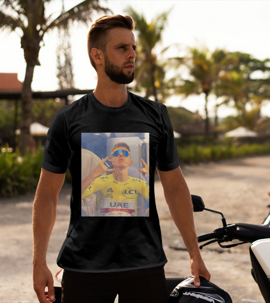 Tadej Pogačar In UAE Emirates Tour De France LCL Yellow Jersey With Sunglasses T-Shirt