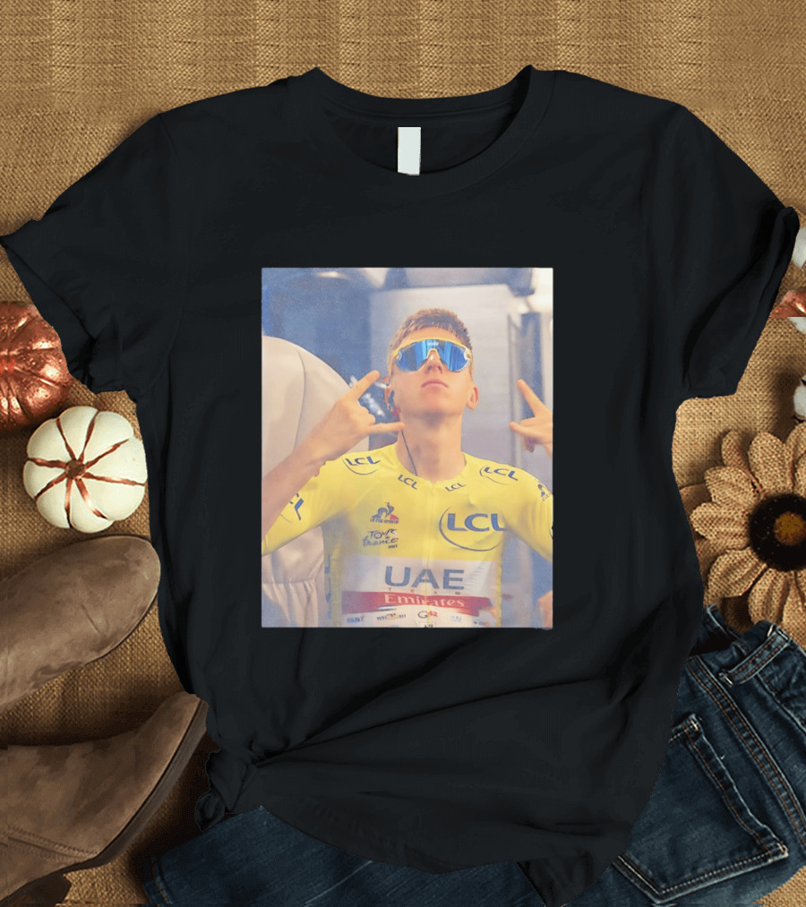Tadej Pogačar In UAE Emirates Tour De France LCL Yellow Jersey With Sunglasses T-Shirt
