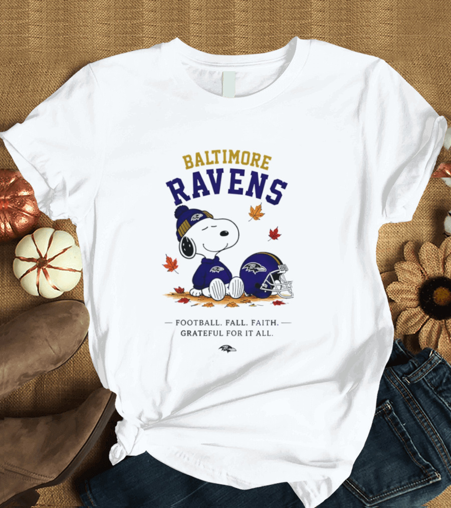 Baltimore Ravens Snoopy Football Fall Faith Grateful For It All T-Shirt