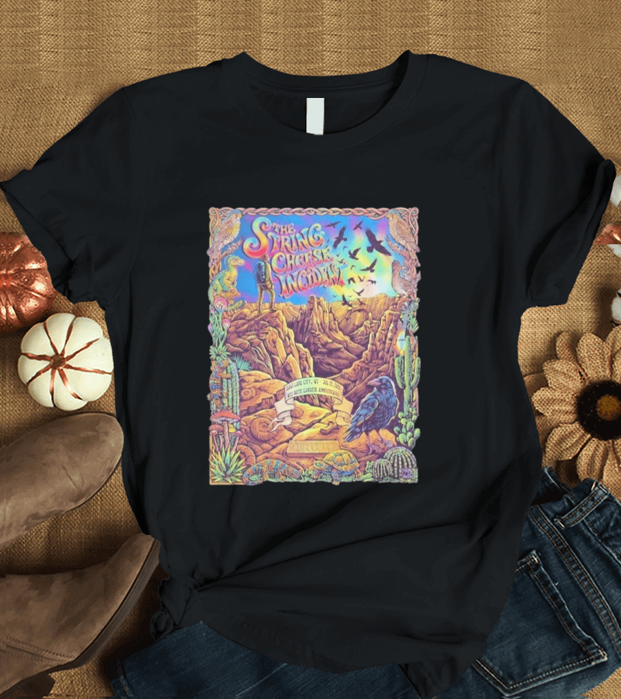 The String Cheese Incident Salt Lake City Utah Red Butte Garden Amphitheatre July 22 2026 Psychedelic Desert Scene With Wildlife And Cactus T-Shirt