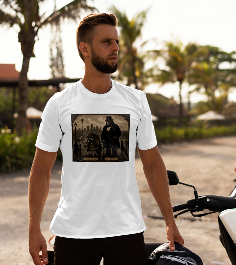 Jimothy Holmes Bigfoot Watson In Vintage Detective Scene Seattle Skyline T-Shirt