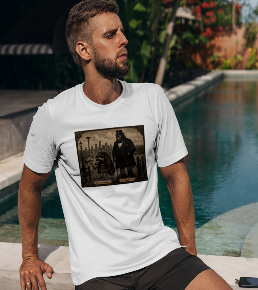 Jimothy Holmes Bigfoot Watson In Vintage Detective Scene Seattle Skyline T-Shirt