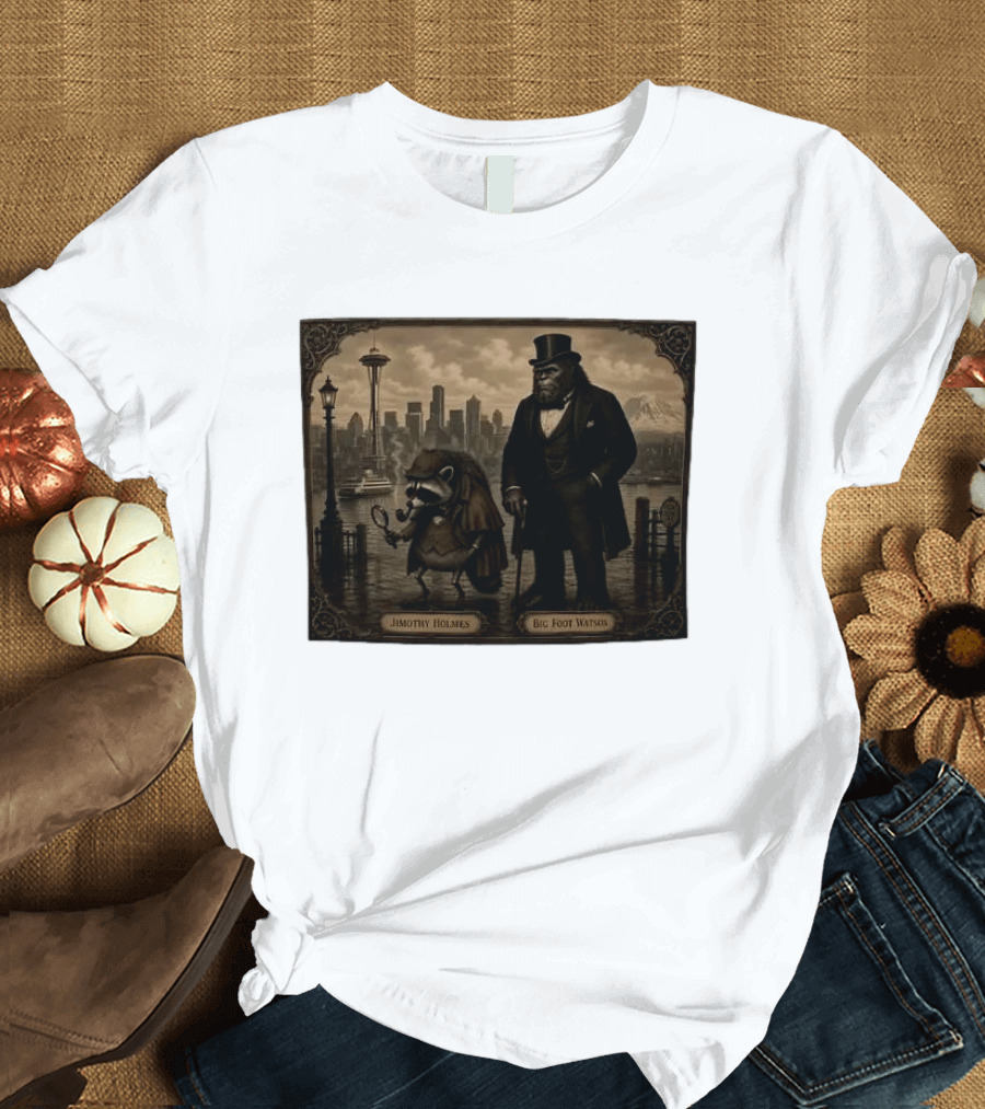 Jimothy Holmes Bigfoot Watson In Vintage Detective Scene Seattle Skyline T-Shirt