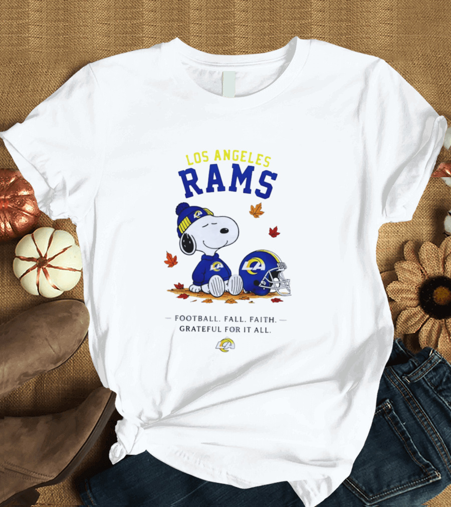 Los Angeles Rams Snoopy Football Fall Faith Grateful For It All NFL Peanuts Fan Gear T-Shirt