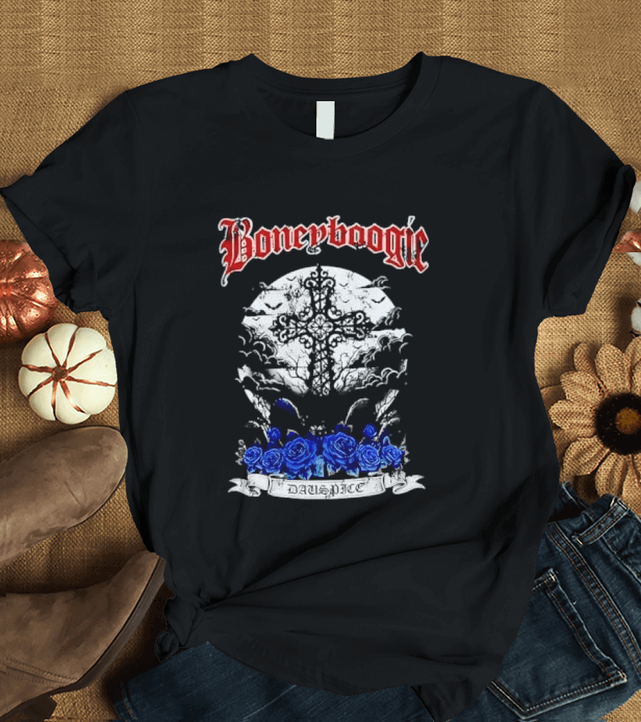 Boneyboogie Gothic Cross With Blue Roses And Full Moon T-Shirt
