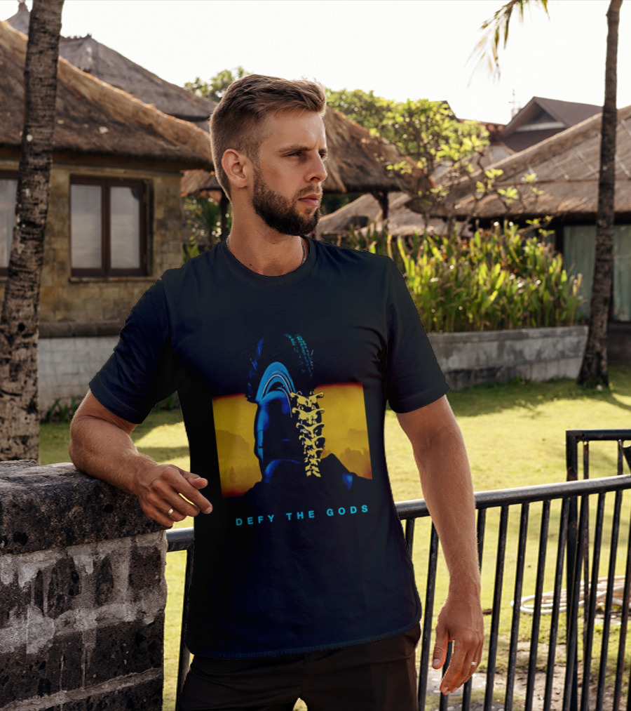 Defy The Gods Spartan Warrior Helmet Art Blue And Gold T-Shirt