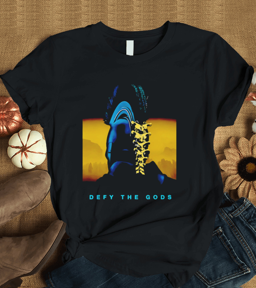 Defy The Gods Spartan Warrior Helmet Art Blue And Gold T-Shirt