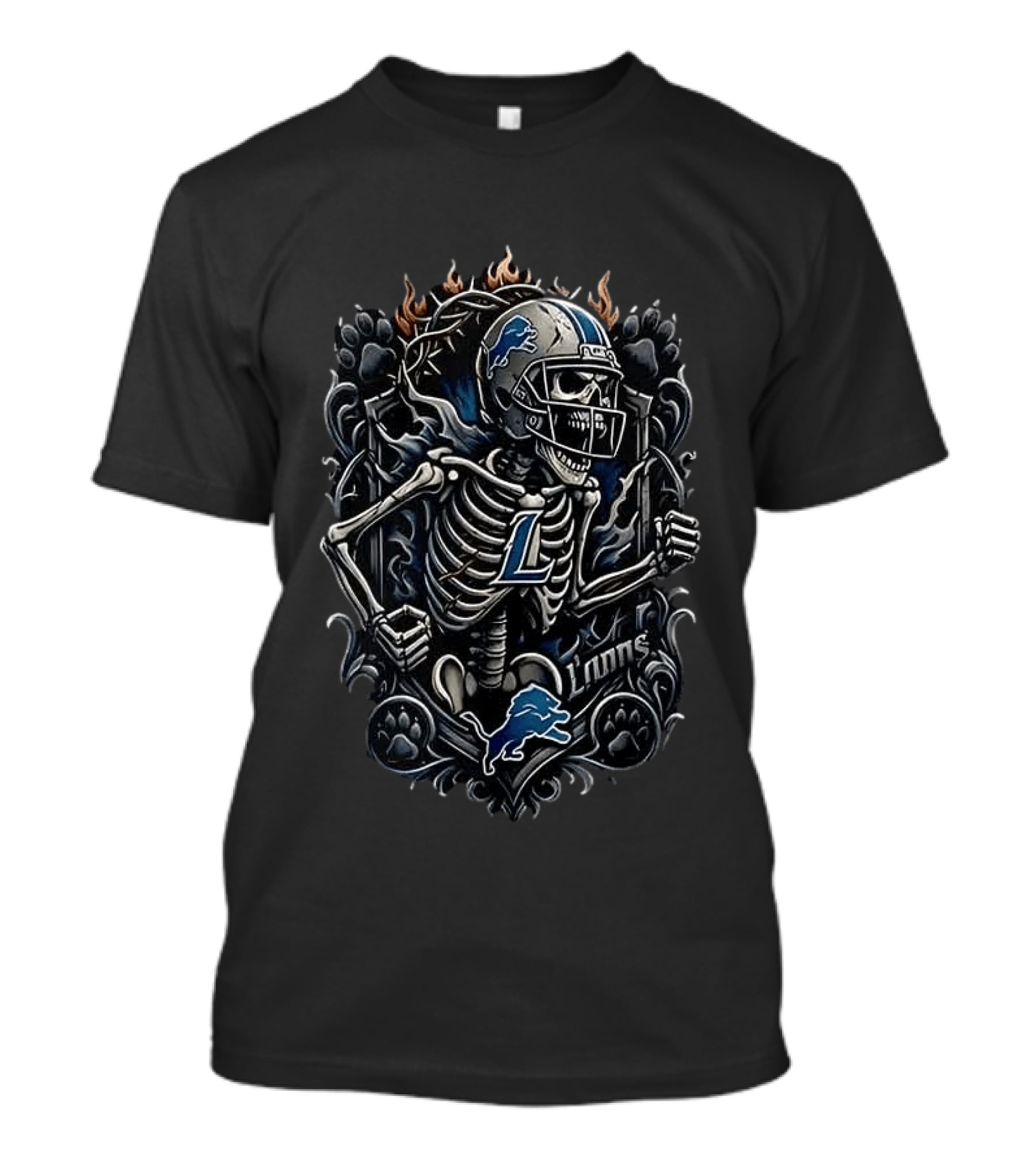 Detroit Lions Football Skeleton With Flames T-Shirt