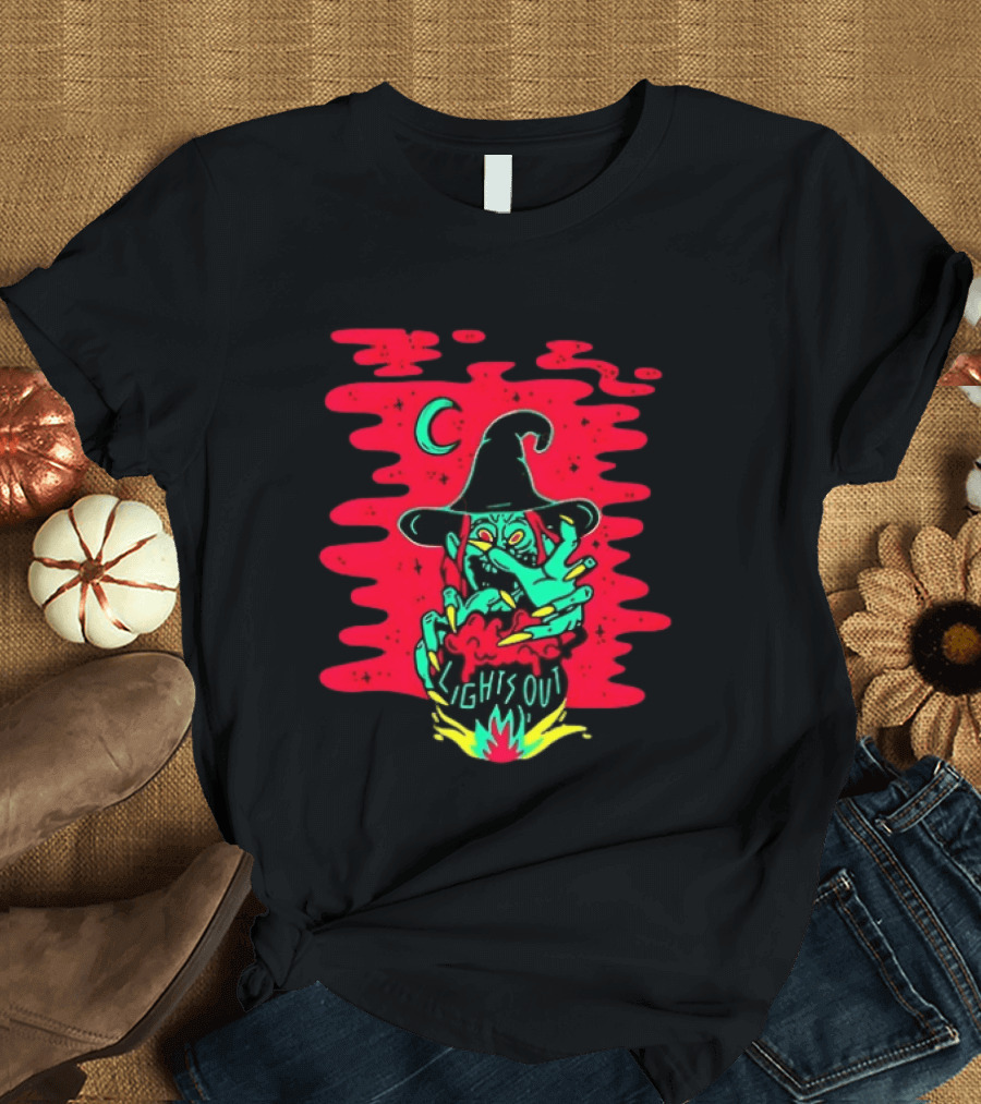 Lights Out Podcast Witch Halloween 2026 Crescent Moon T-Shirt