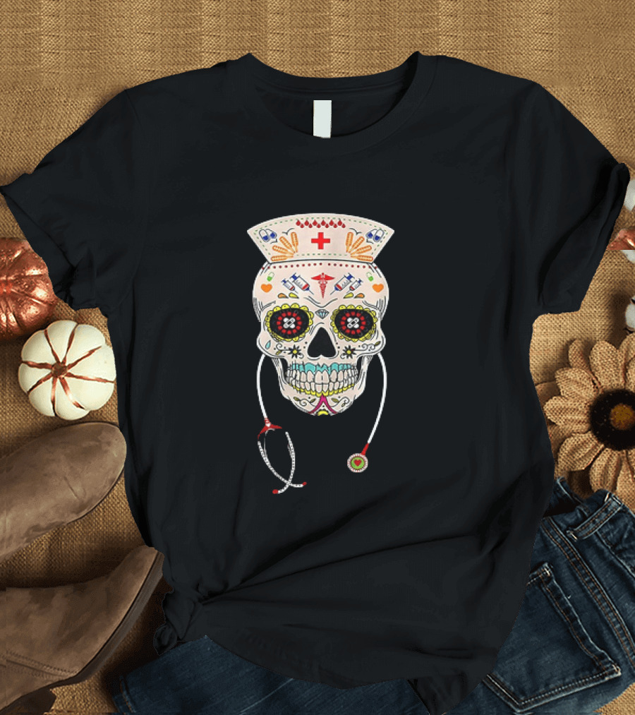 Nurse Sugar Skull Halloween Day Of The Dead Dia De Los Muertos T-Shirt