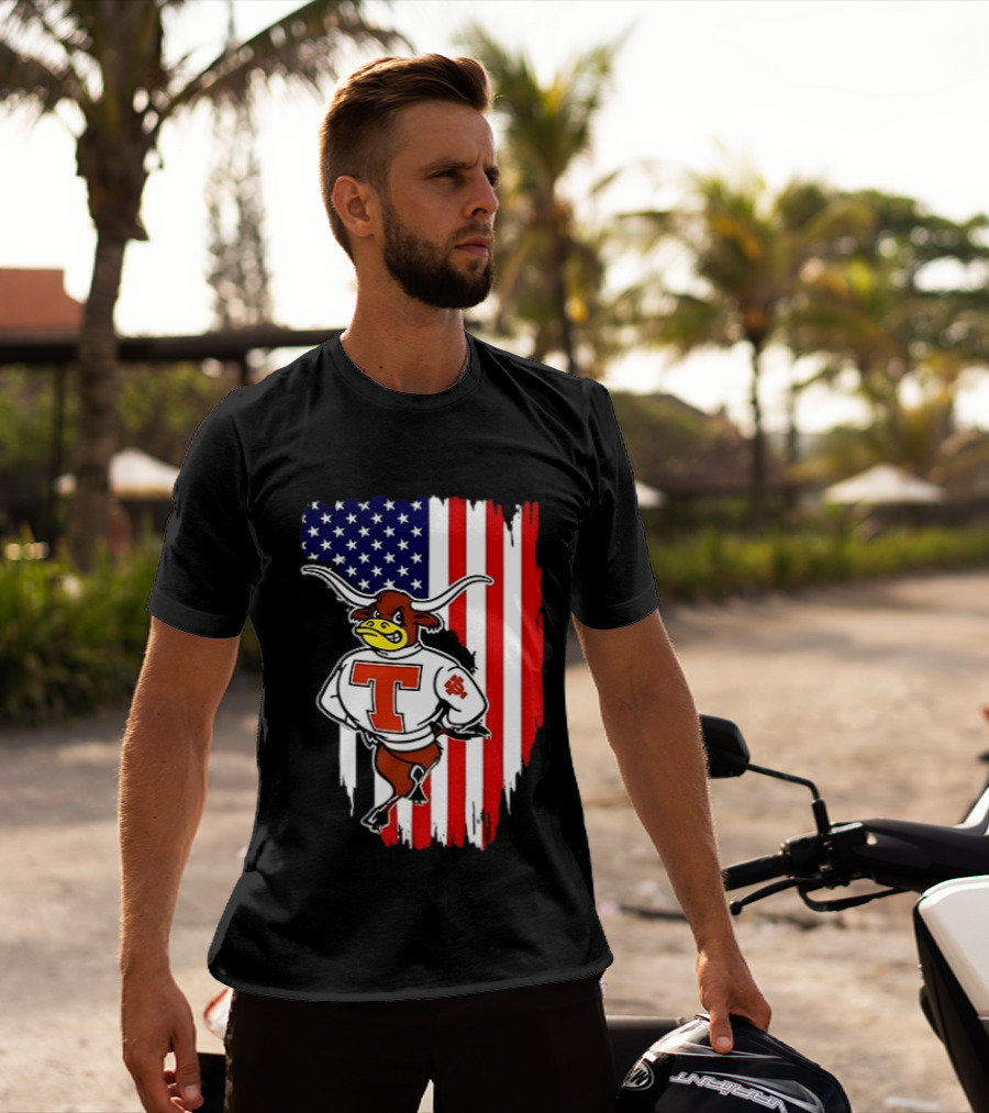 Texas Longhorns Mascot Over USA Flag T-Shirt