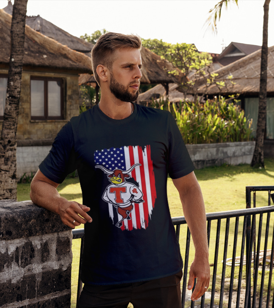 Texas Longhorns Mascot Over USA Flag T-Shirt
