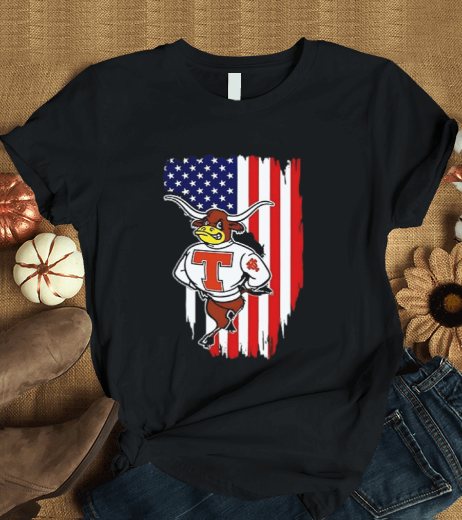 Texas Longhorns Mascot Over USA Flag T-Shirt