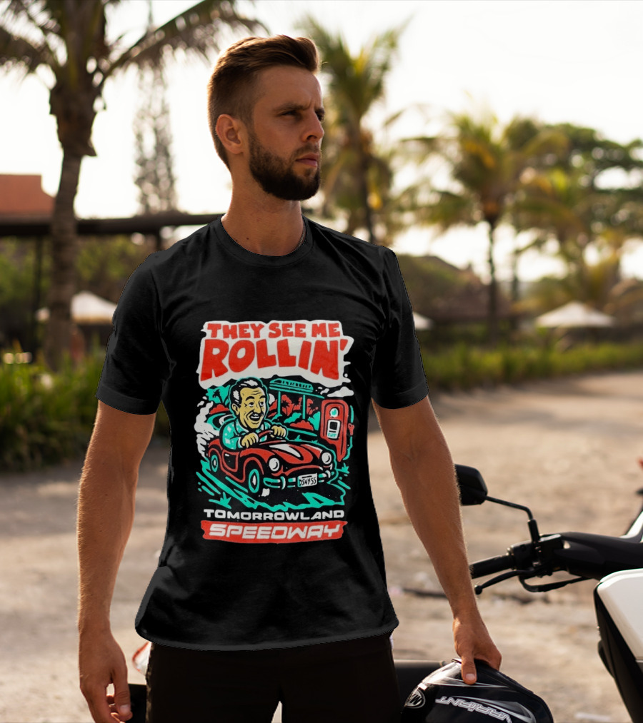 They See Me Rollin Tomorrowland Speedway DSNY55 Red Car T-Shirt
