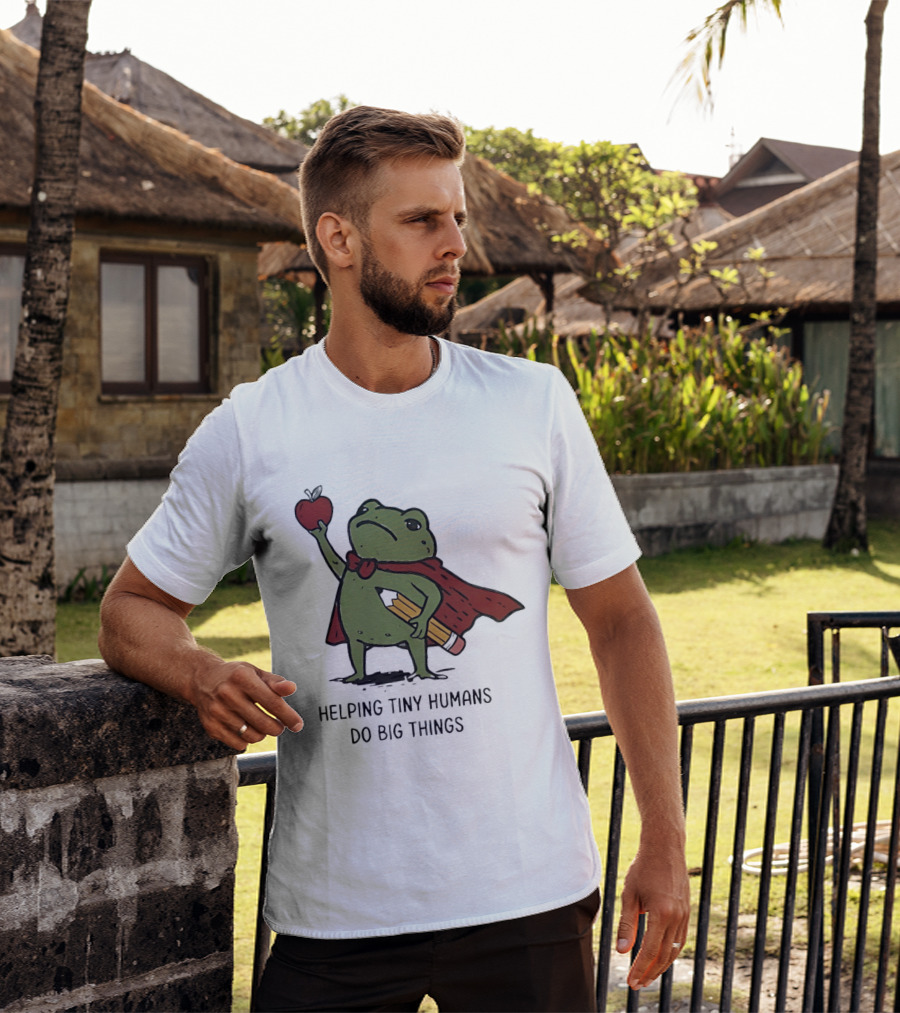 Helping Tiny Humans Do Big Things Cartoon Frog With Apple And Pencils T-Shirt