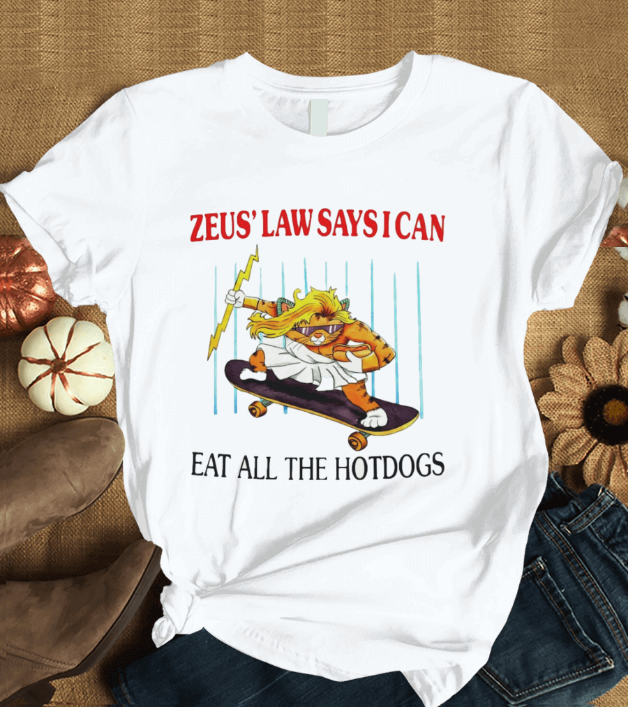 Zeus' Law Says I Can Eat All The Hotdogs Cat Holding Lightning Skateboard T-Shirt