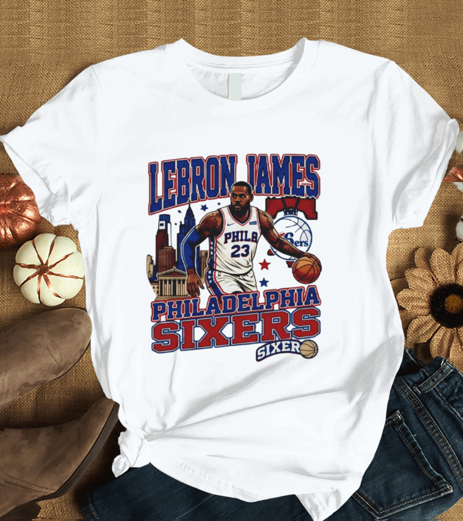 LeBron James Philadelphia Sixers No 23 Jersey Cityscape Basketball T-Shirt